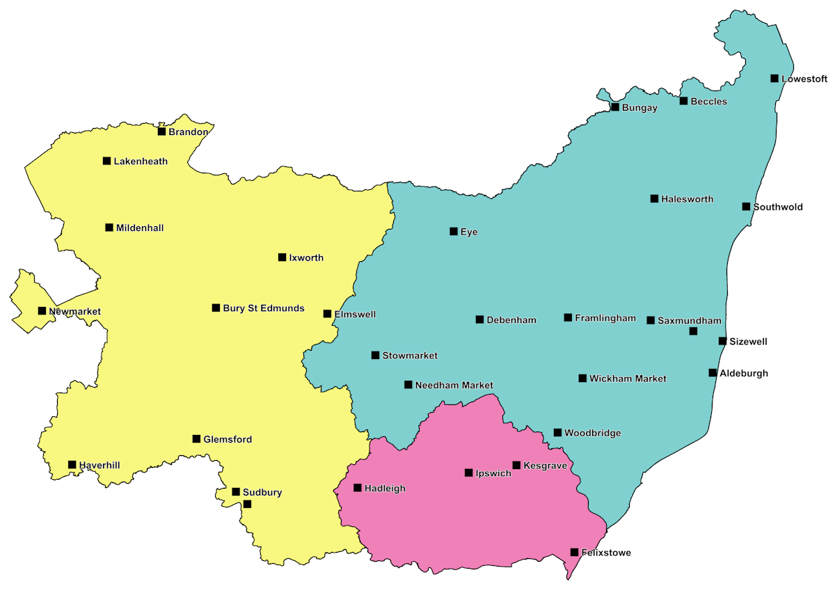 Leaked, unconfirmed boundaries of the three proposed unitary authorities for Suffolk